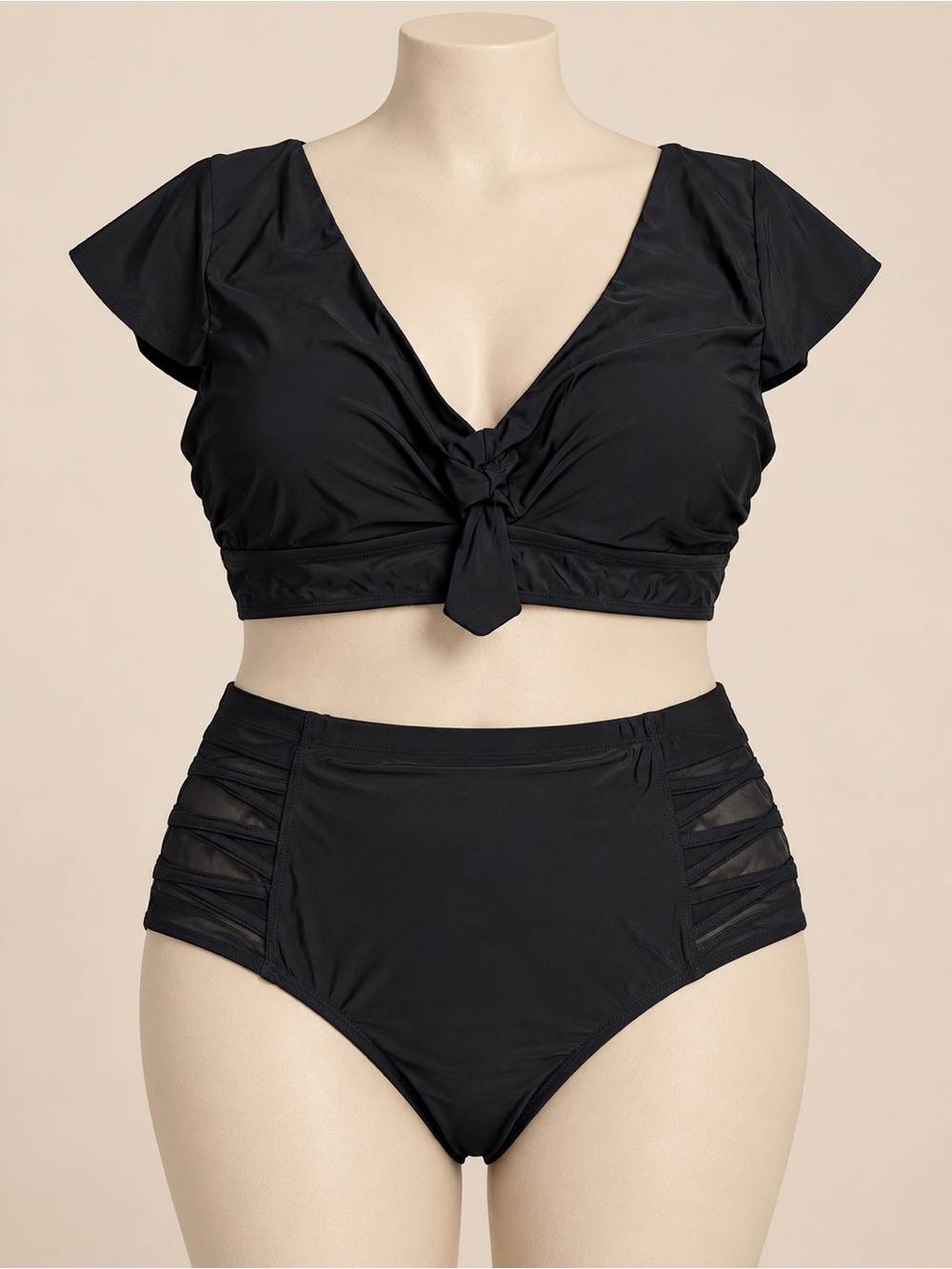 Torrid Black Flutter Sleeve Bikini Set High Rise Lattice Bottoms Size 1